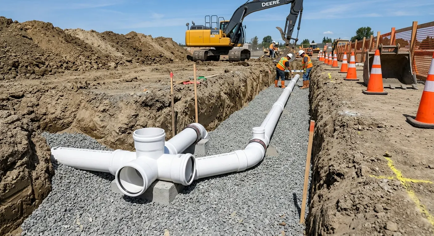 New PVC sewer pipe installation in open trench for Grease Trap Cleaning in Big Spring