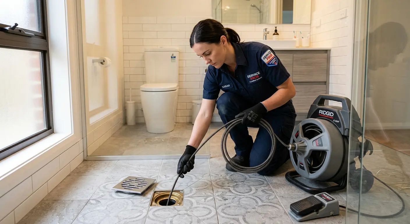 Technician clearing a bathroom floor drain for Sewer Line Installation in Big Spring